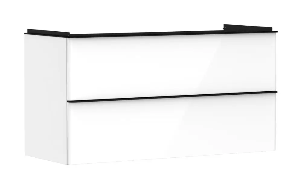 Weißer Waschtischunterschrank mit zwei Schubkästen, hochglänzend, von Hansgrohe, mit schwarzer Abdeckung und schlichtem Design, zur Montage unter einem Waschtisch geeignet.